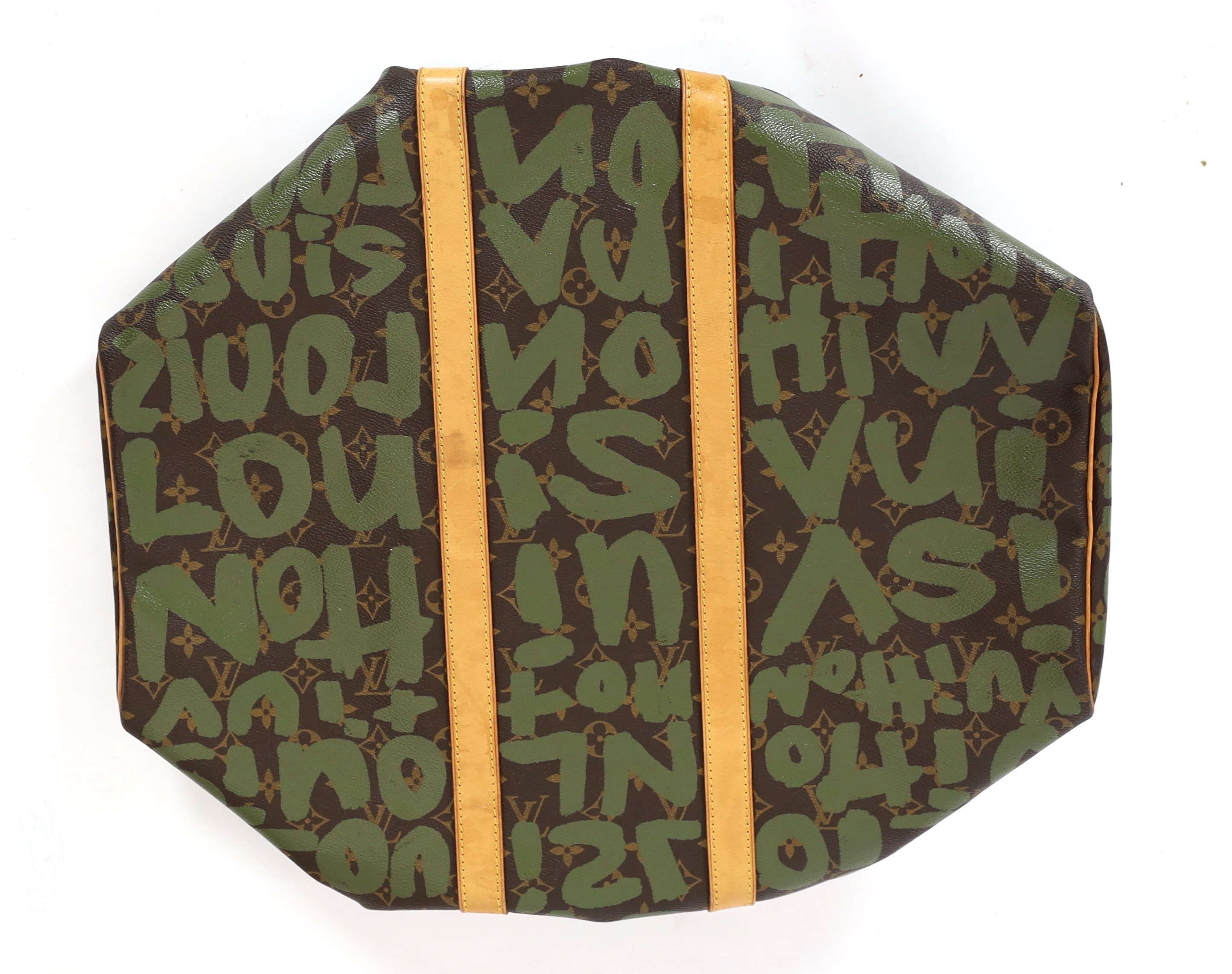 A vintage 2001 Louis Vuitton Stephen Sprouse Khaki Green Monogram Graffiti Keepall 50
